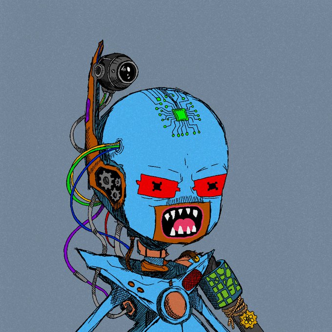 A colorful illustration of a blue cyborg/robot character with red eyes, sharp teeth, a camera eye on top of its head, and exposed colorful wiring.