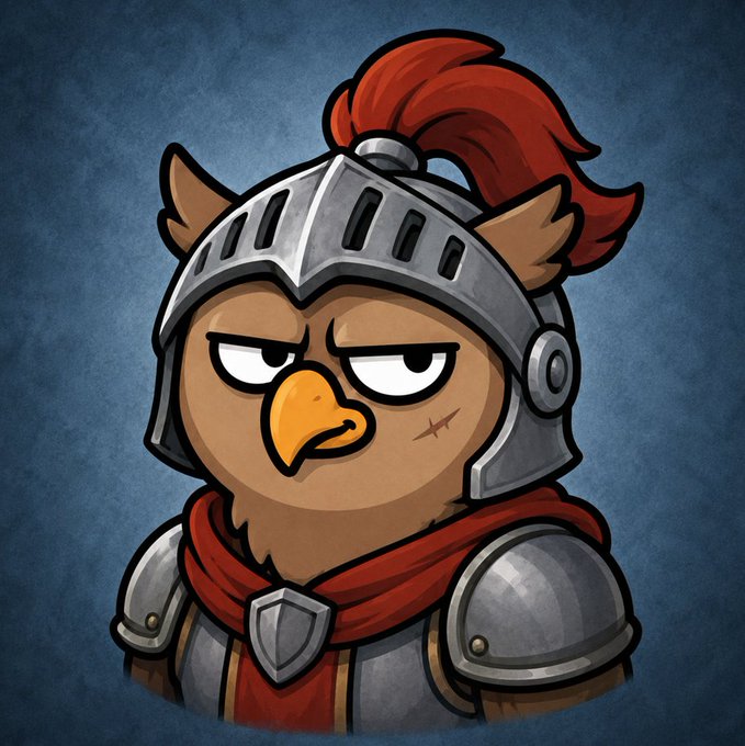 A cartoon owl knight wearing a steel helmet with a red plume and armor glares sternly against a dark blue background, perfectly matching the post's "Beakster" memecoin theme as the fierce bird warrior will serve as the mascot for the upcoming Solana-based token.