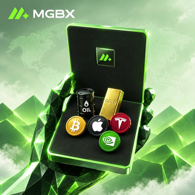 A promotional image for MGBX showing a green geometric hand holding a black case containing symbolic items representing Bitcoin, Apple, Tesla, gold bars, oil, and a green logo, with a world map background.