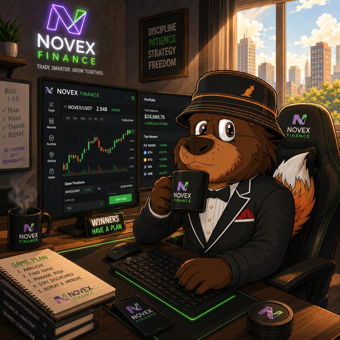 A promotional image for NOVEX FINANCE featuring an anthropomorphic bear in a hat and suit drinking from a branded mug, with trading screens, charts, and text including 'TRADE SMARTER. GROW TOGETHER.' and 'DISCIPLINE PATIENCE STRATEGY FREEDOM.'