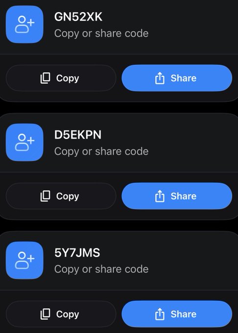 A mobile app screen displaying three invitation codes (GN52XK, D5EKPN, 5Y7JMS) each with Copy and Share options.