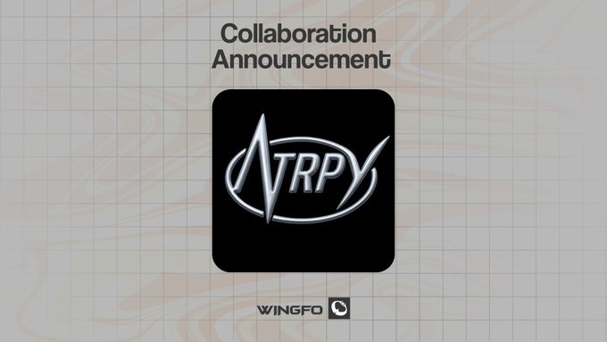 A "Collaboration Announcement" graphic featuring the NTRPY logo on a marble-textured background with the Wingfo branding, promoting a free mint of 3,333 NFTs on the Robinhood chain.