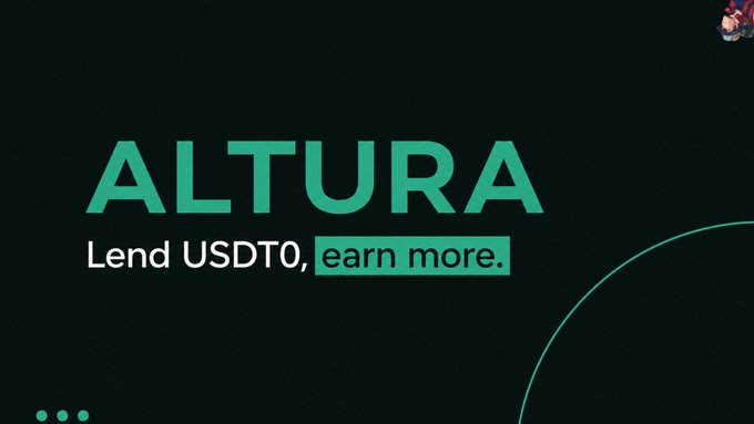 The image features a black background with green text that says "Altura" at the top of the screen, followed by the words "Lend UsDTo", "earn more", and a circle containing the word "Yield". The text is in white color. At the bottom of the image there are two lines of smaller text: one reads "@alturax" and another reads "@alturax5x". These correspond to the post's creator, Altura, and the post's sponsor. Altura is offering a lending service that rewards lenders with interest on top of their USDT0 in the Alpha USDT Prime Vault.