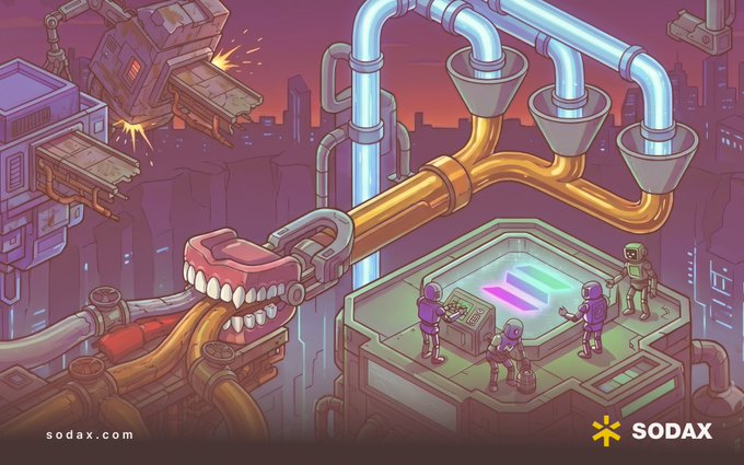 A vibrant, pixel-art sci-fi illustration shows astronauts working on a platform surrounded by futuristic pipes and machinery, with the text 'sodax.com' in the lower-left and the 'SODAX' logo in the lower-right corner.