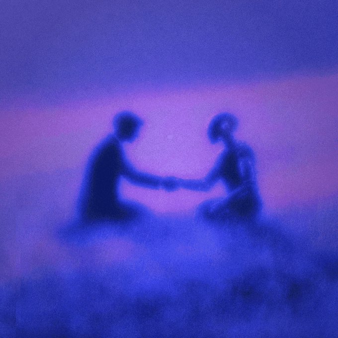 Two silhouetted figures kneel on a cloud-like surface and shake hands against a dreamy purple and pink gradient sky, evoking a sense of unity and otherworldly connection. The ethereal, futuristic atmosphere visually reinforces the post's message that "the future is already here," suggesting a harmonious, almost spiritual meeting that feels beyond our present reality.