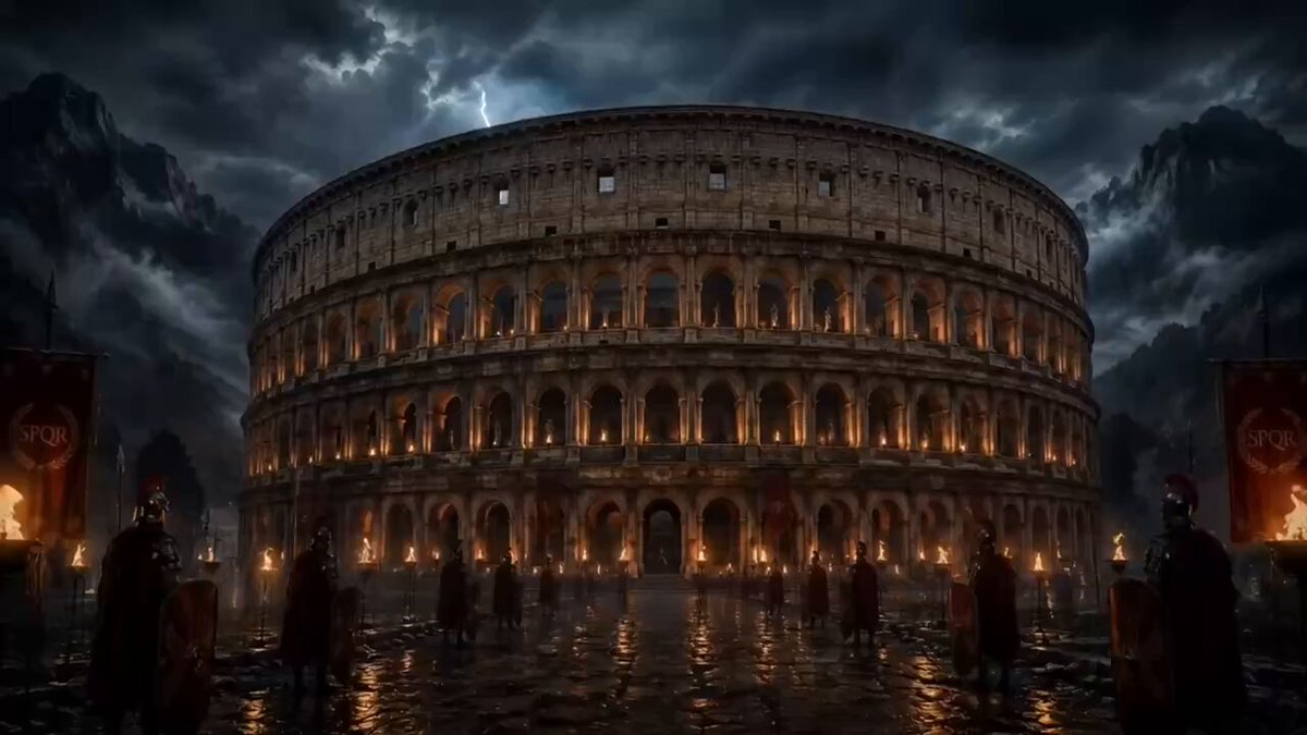 The image features a large, circular building with multiple arches, resembling an ancient Roman colosseum or amphitheater. The structure has numerous windows and doors, giving it a grand appearance. Surrounding the building are several people dressed in medieval-style clothing, possibly soldiers or guards from a historical reenactment event. They stand at various positions around the building, creating a sense of scale and emphasizing the size of the structure.