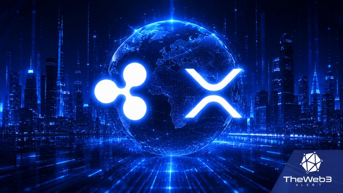 A promotional graphic featuring the XRP and Ripple logos over a glowing blue digital globe, with a futuristic city skyline in the background and 'TheWeb3 Alert' branding in the corner.