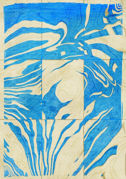 The image features a painting with a blue background, which appears to be a watercolor piece. The artwork has an abstract style that includes lines and shapes, giving it a unique and artistic appearance. The artist's signature can also be seen on the bottom right corner of the painting.