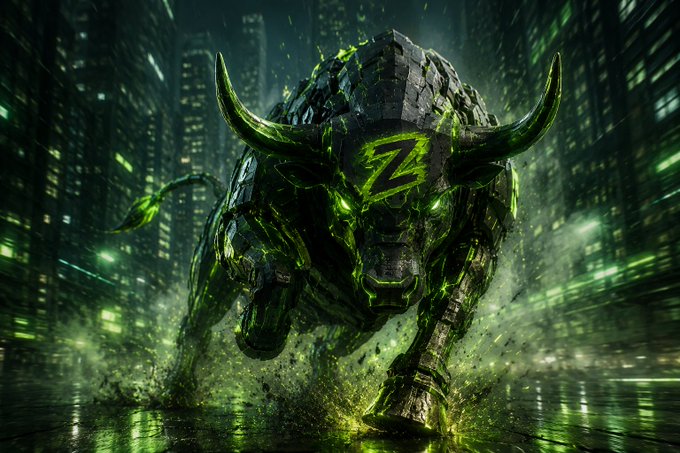 A dramatic digital artwork of a mechanical bull with glowing green accents and a 'Z' on its forehead, charging through a neon-lit cyberpunk city street.
