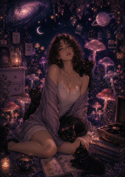 A dreamy, purple-toned illustration features a woman in a lace nightgown surrounded by glowing mushrooms, black cats, floating photos, and cosmic elements like a galaxy and planets.