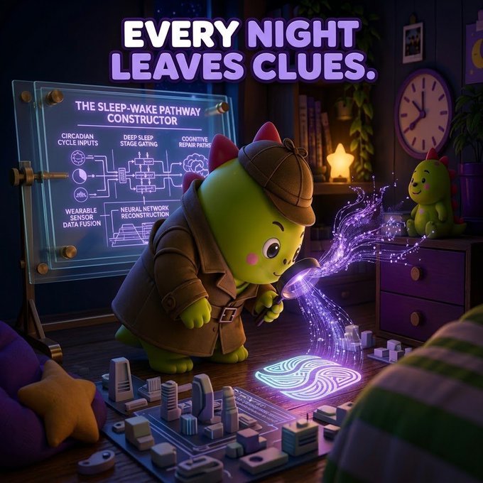 A 3D-rendered detective-themed illustration featuring a dinosaur character in a Sherlock Holmes outfit examining clues, with the tagline 'EVERY NIGHT LEAVES CLUES' and a sleep-wake pathway diagram.