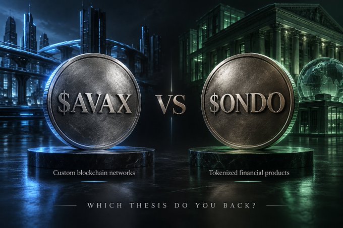 A dramatic graphic compares '$AVAX' (Custom blockchain networks) on a blue pedestal versus '$ONDO' (Tokenized financial products) on a green pedestal, asking 'WHICH THESIS DO YOU BACK?'