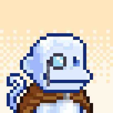 A pixel art character with a large blue robotic-looking head, a single visible eye, and a brown outfit set against a beige patterned background.