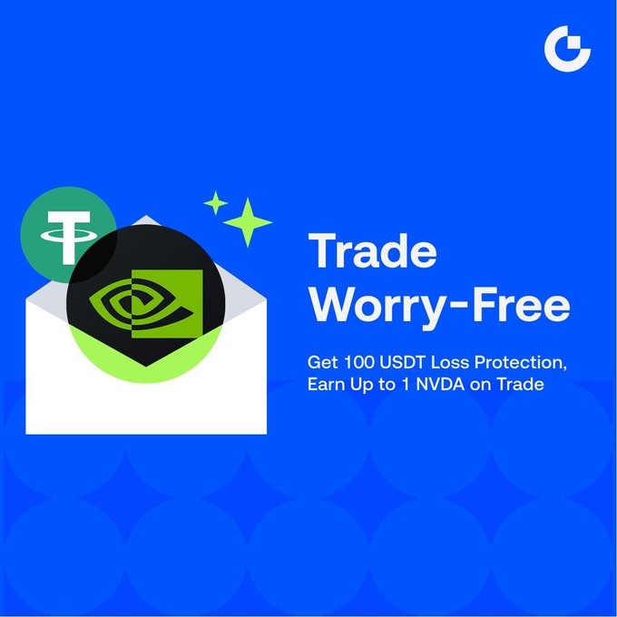 A promotional graphic featuring a blue background with an envelope containing Nvidia (NVDA) and Tether (USDT) logos, advertising "Trade Worry-Free" with text promising "Get 100 USDT Loss Protection, Earn Up to 1 NVDA on Trade." The image visually reinforces the post's offer of signup bonuses and loss coverage for new traders.