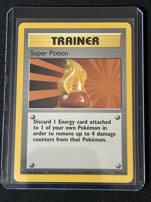 A Pokemon Trading Card Game 'Trainer' card named 'Super Potion' from 1999, featuring artwork of a potion bottle on a sunburst background, with text describing its healing effect.