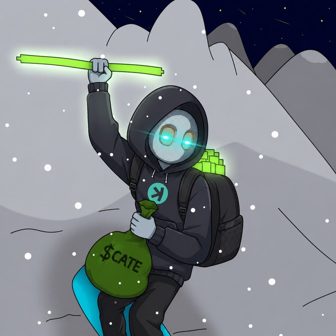 A hooded figure with glowing eyes stands atop a snowy mountain at night, triumphantly wielding a glowing green staff while carrying a sack labeled "$CATE" and a backpack overflowing with green cash, perfectly embodying the unstoppable rise of the $CATE cult.