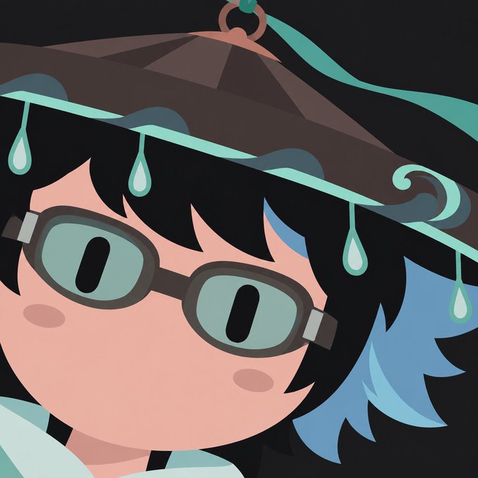 An anime-style illustration of a character with messy black and blue hair wearing teal-tinted goggles and a decorative hat with dangling teardrop ornaments.