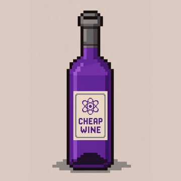 A pixel art illustration of a purple wine bottle with a white label featuring an atom symbol and the text 'CHEAP WINE'.