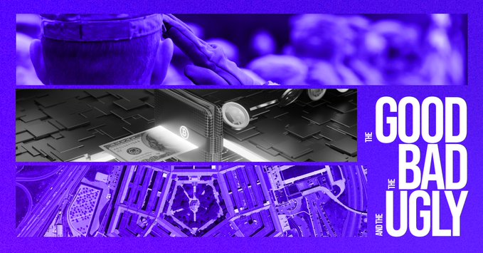 A purple-tinted collage graphic titled 'THE GOOD BAD THE UGLY' from 'ANDRE' features images of a person in a VR headset, a dollar bill inside a futuristic keyboard, and an aerial view of an ornate building.