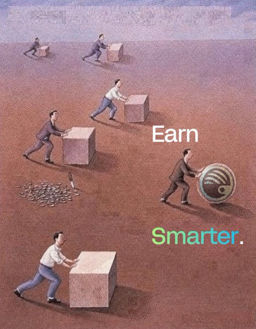 An illustration of people pushing boxes, with one person rolling a large coin, accompanied by the text 'Earn Smarter.' in white and green.