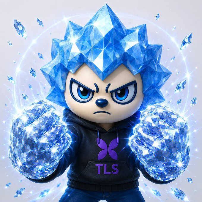 A 3D-rendered cartoon character with spiky blue crystal-like hair and large crystal fists wears a black hoodie with 'TLS' printed on it in purple.