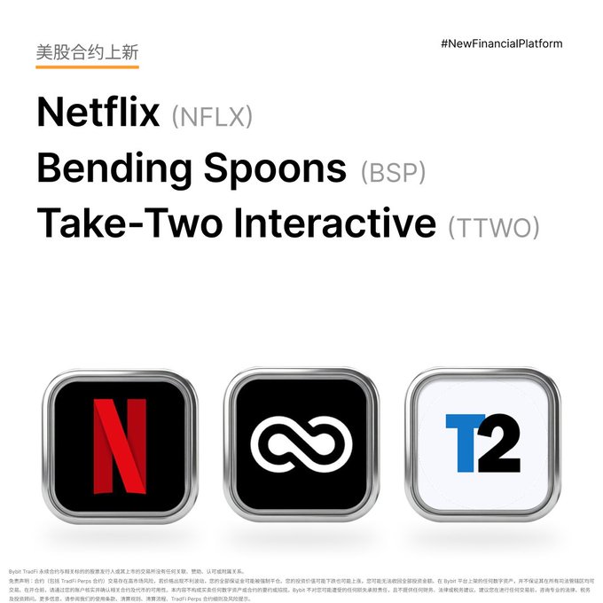 A promotional graphic for new US stock contracts featuring Netflix (NFLX), Bending Spoons (BSP), and Take-Two Interactive (TTWO) with their respective logos.