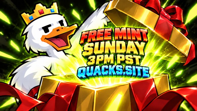 A cartoon crowned duck bursts from a glowing gift box with red ribbons, promoting the "FREE MINT SUNDAY 3PM PST" event at QUACKS.SITE. The festive, high-energy graphic matches the post's announcement of a free mint drop, visually capturing the excitement of the "pond opening" to minters.