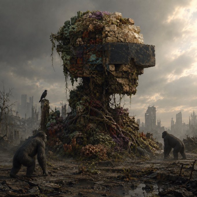 A dramatic post-apocalyptic scene featuring a massive, decaying skull-shaped structure overgrown with vegetation and coral, with two gorillas in the foreground and ruined city buildings in the background under a cloudy sky.