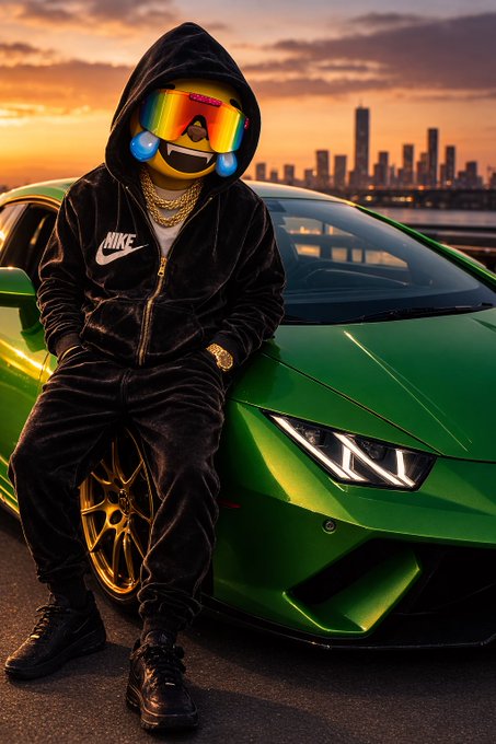 A figure wearing a black Nike tracksuit and oversized reflective sunglasses poses against a green Lamborghini with gold wheels, set against a sunset city skyline.