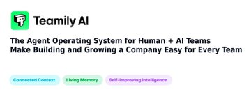 A promotional graphic for "Teamify AI" featuring a green logo with a marker icon, tagline reading "The Agent Operating System for Human + AI Teams - Make Building and Growing a Company Easy for Every Team," with feature tags for Connected Context, Living Memory, and Self-Improving Intelligence.