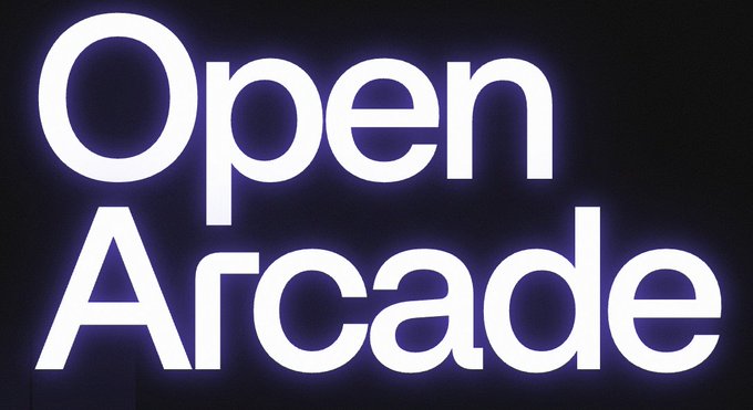 Glowing white neon-style text reads 'Open Arcade' against a dark background.