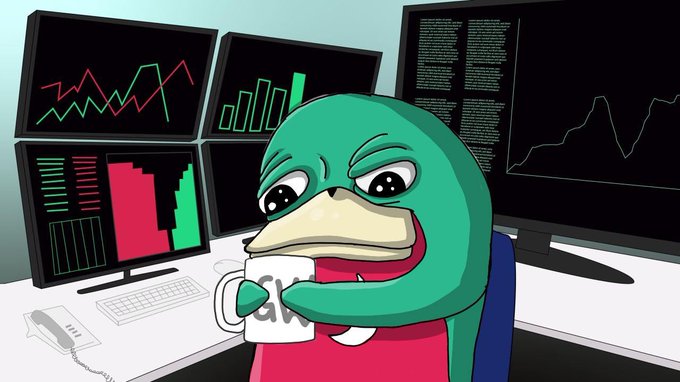 A cartoon Pepe the Frog character sits at a desk drinking from a mug, surrounded by multiple monitors displaying red and green financial charts and candlestick graphs.