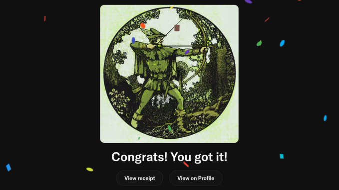 A digital receipt or achievement screen showing 'Congrats! You got it!' with an illustration of Robin Hood shooting an arrow, framed in a circle with confetti effects and buttons to view receipt or profile.