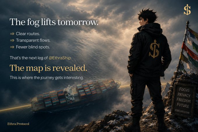 A promotional graphic for 'Ethra Protocol' featuring an anime-style character overlooking a foggy scene with a container ship, headlined 'The fog lifts tomorrow' and 'The map is revealed.'