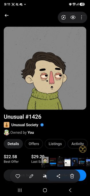 A mobile phone screenshot shows an NFT detail page for 'Unusual #1426' from the Unusual Society collection, which is 'Owned by You' and has a best offer of $22.58.