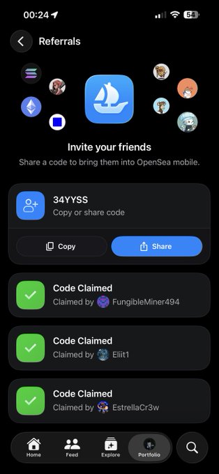 An OpenSea mobile app referrals screen showing an invite code '34YYSS' and a list of users who have claimed the code, including 'FungibleMiner494' and 'Eliit1'.