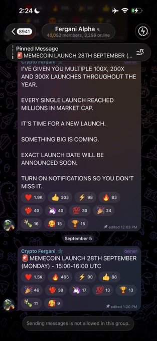 A Telegram group chat screenshot for 'Fergani Alpha' displaying pinned messages from 'Crypto Fergani' announcing a 'MEMECOIN LAUNCH 28TH SEPTEMBER' with promises of '100X, 200X AND 300X LAUNCHES THROUGHOUT THE YEAR.'