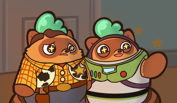 Two cartoon bear characters dressed as Woody and Buzz Lightyear from Toy Story, with starry eyes.