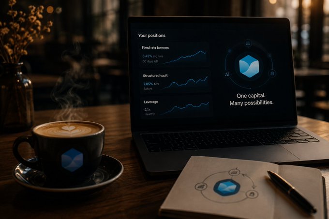A laptop on a wooden table displays a dashboard with "Your positions," "Fixed rate borrows," "Structured vault," and "Leverage," alongside the tagline "One capital. Many possibilities." and a matching logo on a coffee cup.