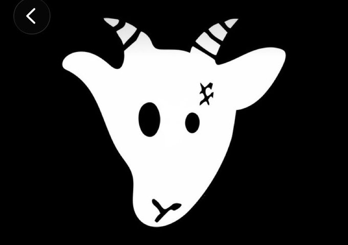 A simple black-and-white illustration of a goat or sheep head with horns and closed eyes on a dark background.