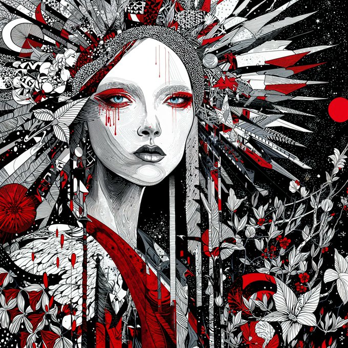 A stylized black, white, and red illustration features a pale woman with red makeup around her eyes, surrounded by feathers, flowers, and celestial motifs.