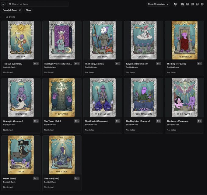 A digital collection of SquidjakCards tarot-style NFTs displayed in a grid, featuring purple squid characters as The Sun, High Priestess, Fool, Judgement, Emperor, Strength, Tower, Chariot, Magician, Lovers, Death, and Star in Common and Gold tiers.