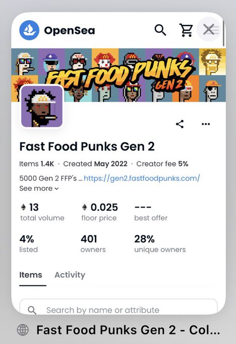 The image displays the OpenSea page for the "Fast Food Punks Gen 2" NFT collection, showing key statistics such as 1.4K items, a 0.025 floor price, and 401 owners.