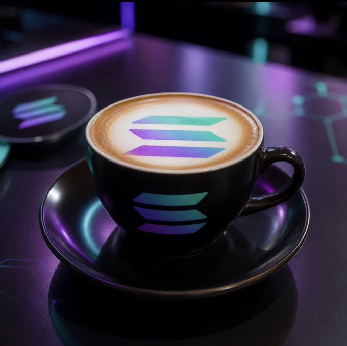 The image features a black coffee cup with a colorful logo on its side sitting on top of a saucer. The cup has a handle, suggesting that it's designed for hot beverages like coffee or tea. In the background, there are two coasters placed next to each other, possibly indicating that someone is enjoying their drink at this location. The image also contains text that reads "Rise n Shine, Solana fam! KISS method: use @OrbisOnSOL". This could be a reference to the rise and shine of the company or an advertisement for a product related to the coffee cup's design.