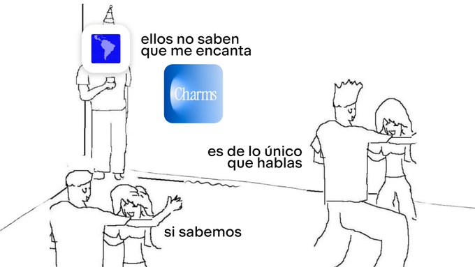 The image features a cartoon drawing of people dancing with a caption that reads "es de lo unico que hablas si sabermos". The caption also includes an image of a blue app icon, which could be related to the character economy in the post. The characters are depicted as real-life individuals engaged in conversation and dancing together.
