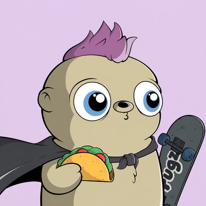 A cute cartoon sloth character with a purple mohawk holds a taco in one hand and a skateboard with the name "Fugz" written on it in the other, matching the "FugzOfficial" branding mentioned in the post.