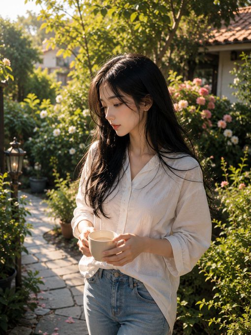 A young woman with long black hair wearing a white blouse holds a mug while standing in a sunlit garden filled with blooming flowers and greenery.