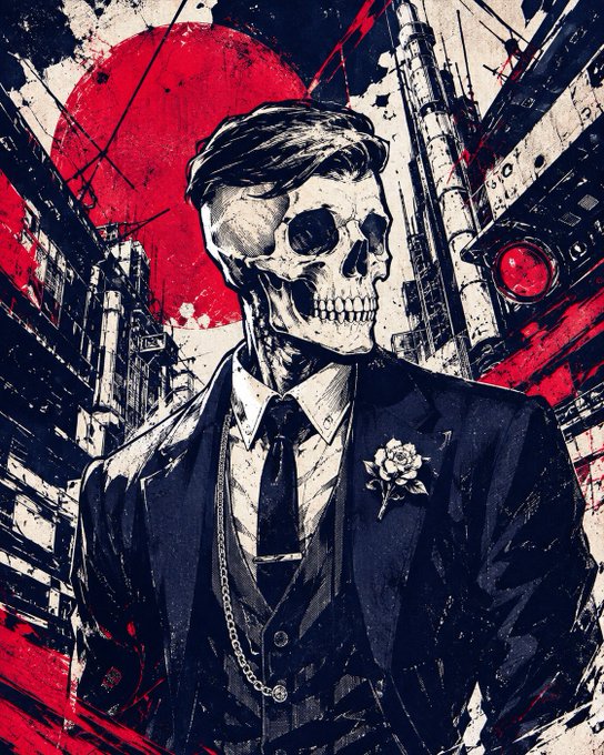 A dark, comic-style illustration of a suited skeleton with a boutonnière standing before a red moon, with rocket-like structures and industrial towers in the background.