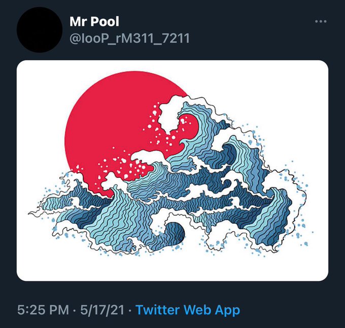 A tweet from Mr Pool (@looP_rM311_7211) posted on 5/17/21 featuring artwork of a stylized red sun rising behind layered blue ocean waves in the style of traditional Japanese art, accompanying a post about Japan officially passing a law recognizing crypto as financial assets on 7/15.