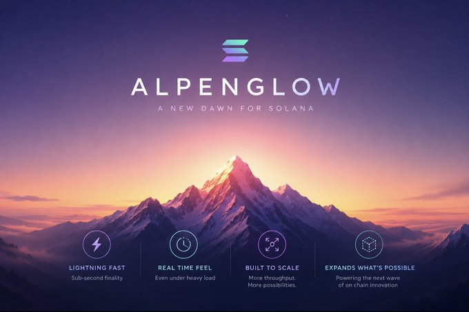 Alpenglow promotional banner reading 'A NEW DAWN FOR SOLANA' featuring a mountain sunset and features: Lightning Fast, Real Time Feel, Built to Scale, and Expands What's Possible.